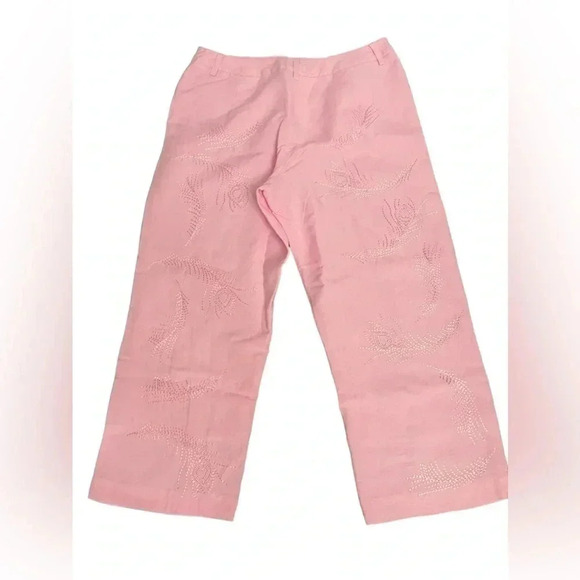 Larry Levine Linen Blend Pink Embroidered Wide Leg Cropped Pants Womens size 8 - Picture 2 of 14